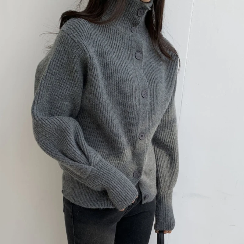 

2021 Autumn Winter Lazy High Collar Single Breasted Loose Lantern Sleeve Warm Knitted Cardigan Women's Sweater Coat
