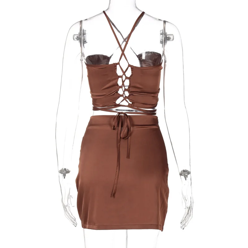 

Fashion Cut Out Sexy Halter Top and Skirt Set Backless Elegant Matching Set Club Bandage Outfits Two Piece Set