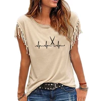 2021 new summer brand clothing hairdresser t shirts women short sleeve o neck casual cool hair printed cotton tassel barber top