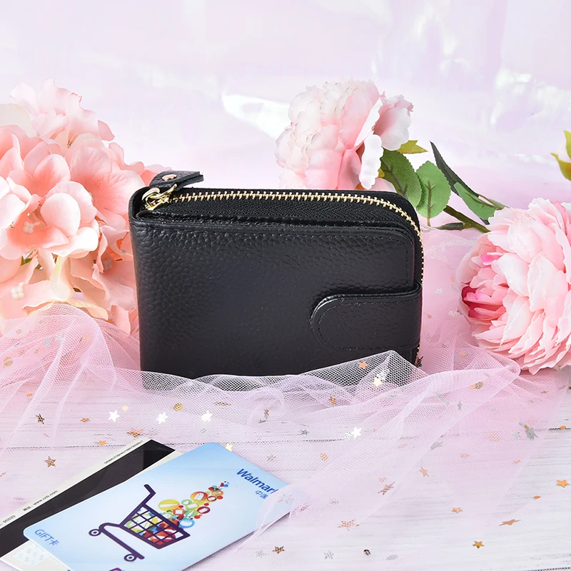

Black ID credit card wallet rfid blocking zipper leather cards holders