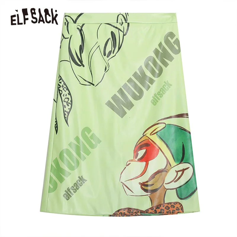 ELFSACK Женская юбка миди в Корейском стиле с принтом букв и героями мультфильмов, осень, зеленая уличная одежда, женские юбки