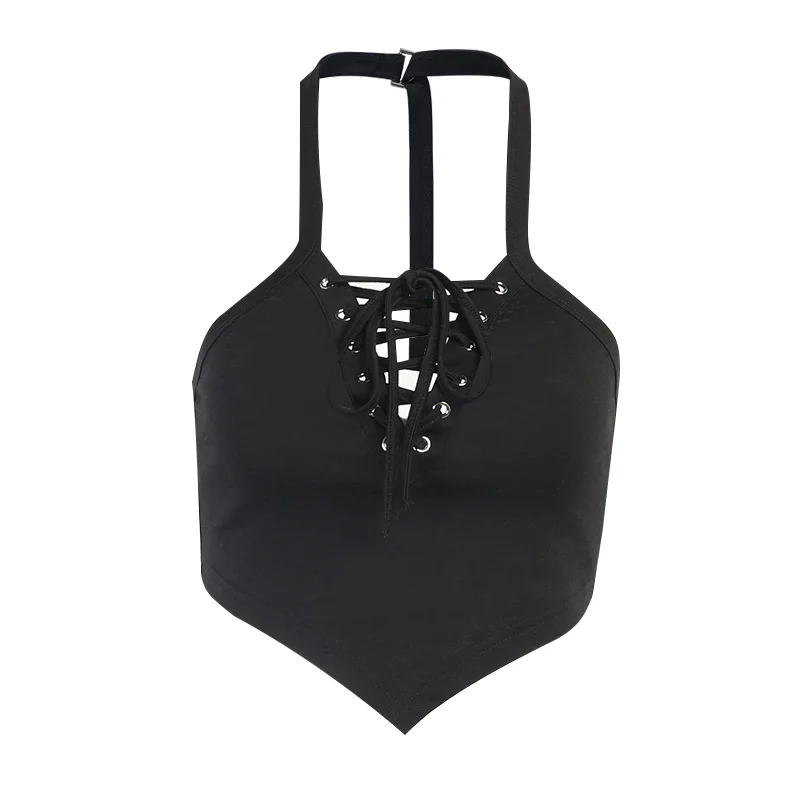 

InsDoit Gothic Black Sexy Crop Tops Women Punk Streetwear Sleeveless Cut Out Summer Camis Backless Halter Fashion Aesthetic Tops