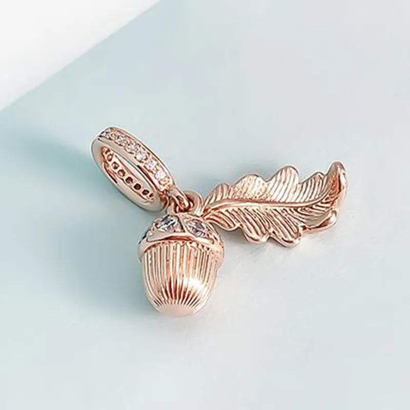 

100% 925 Sterling Silver Charm Rose Gold Acorn And Falling Leaves Pendant Fit Pandora Women Bracelet & Necklace Diy Jewelry