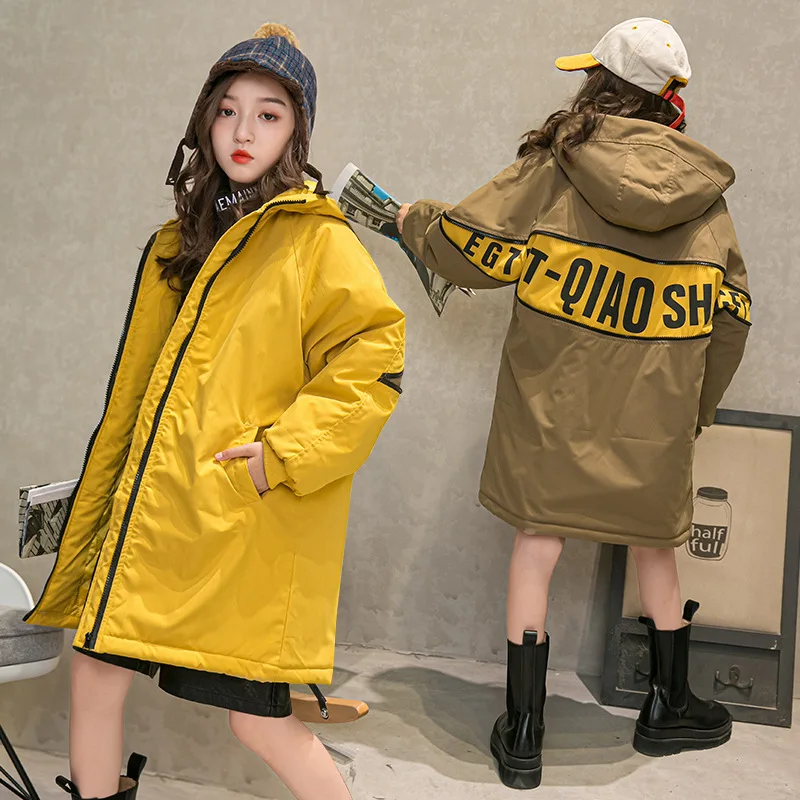 3-12 years winter children clothes yellow letter hooded jacket quilted warm long cotton jacket coat toddler girl winter clothes