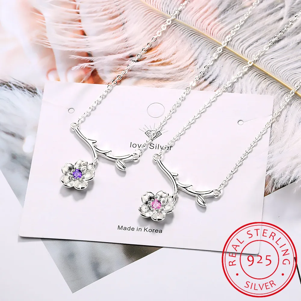 Новый модный 925 пробы Серебряный Фиолетовый Розовый Цирконий цветок вишни кулон