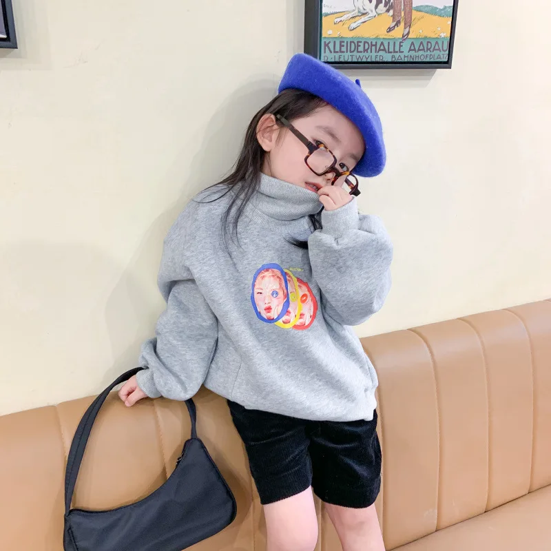 2021 Fall Winter Plus Velvet Kids Baby Girls Sweater Warm Keep High Collar Tops Fashion Print T shirt Children Clothes | Детская одежда