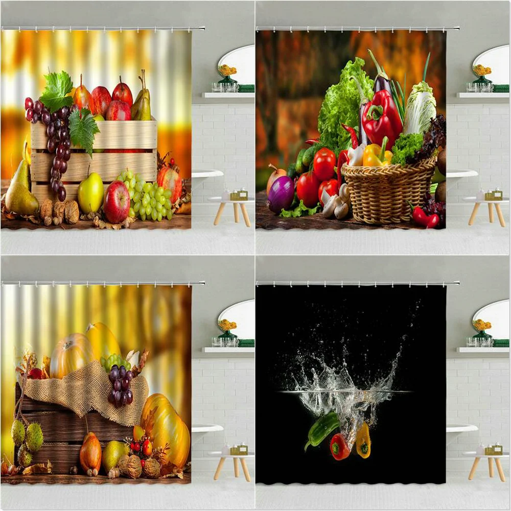 Fresh Vegetables Shower Curtain Tropical Fruits Pineapple Polyester Fabric Bathroom Supplies Hanging Curtains Home Indoor Decor