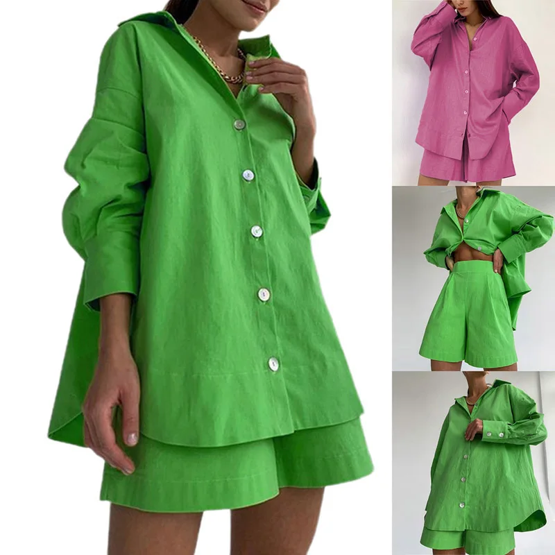 

Kayotuas Women Tracksuit Long Sleeve Lapel Casual Ladies Solid Green Rosy Red Button Shirt Top+Shorts Pants Sleepwear Loungewear