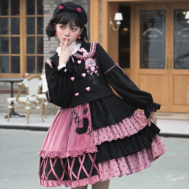 

Spring Lolita Gothic Dress Strawberry Jsk Retro Dot Pink Black Matching Sweet Sleeveless Dress Long Sleeve Loli Coat Kawaii Punk