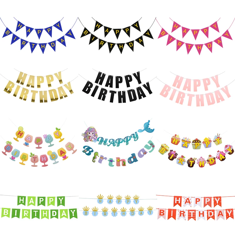 

Multi-Theme Happy Birthday Paper Bunting Garland Banners Flags Baby Shower Boys Girl Birthday Party Supplies Backdrop Decoration