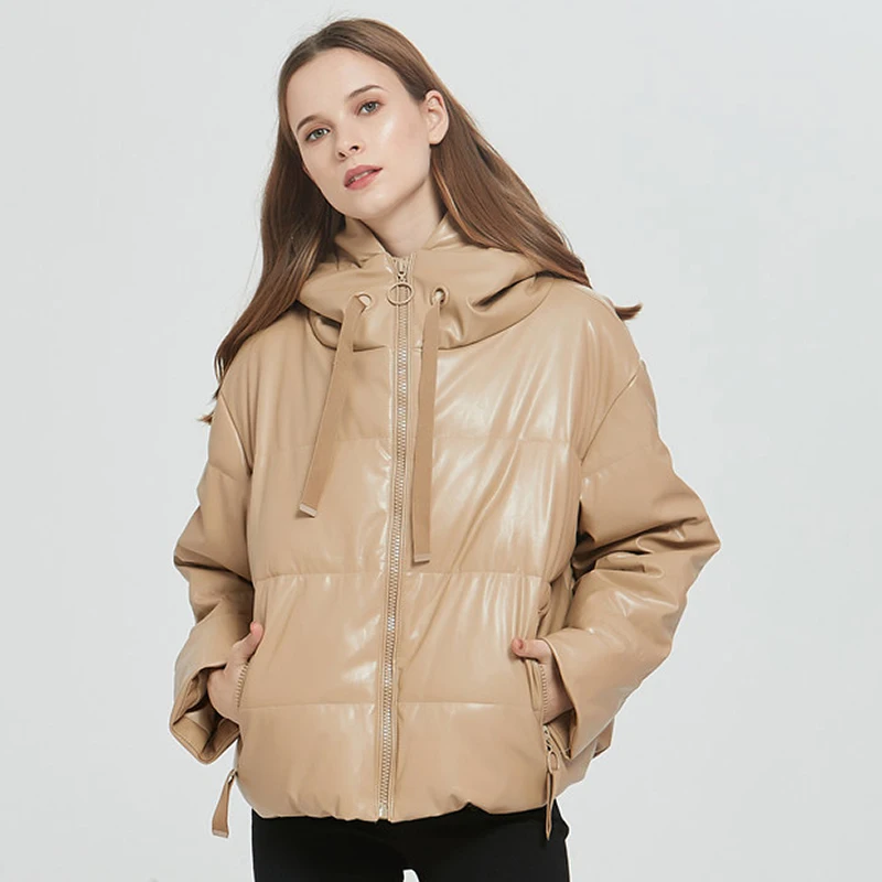 

Women Winter Clothing Hooded Cotton Coat Thicken Long Sleeve New High Quality Zipper Padded Leather Coat Khaki Black Outercoat