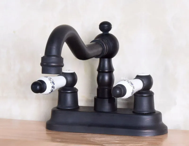 

Oil Rubbed Bronze Double Ceramic Handle Bathroom Faucet 360 Swivel Kitchen Sink Hot And Cold Mixer Tap