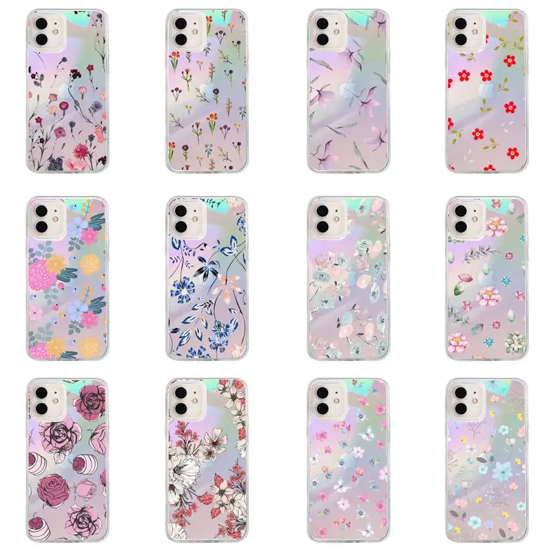 

Fashion flower beautiful Phone Case for iPhone huawei P 8 9 11 12 10 30 40 S X XS XR MINI Pro Max Plus laser Transparent Glitter
