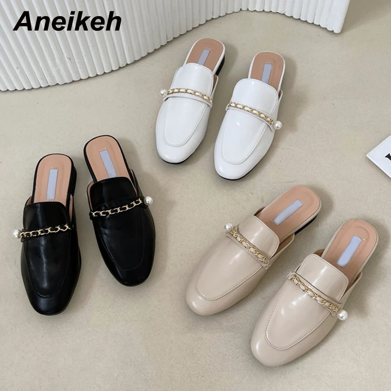 

Aneikeh Spring/Autumn Women Mules Fashion Solid PU Chain White Pearl Decoration low-heel Pumps Slip-On Leisure Outdoor Slippers