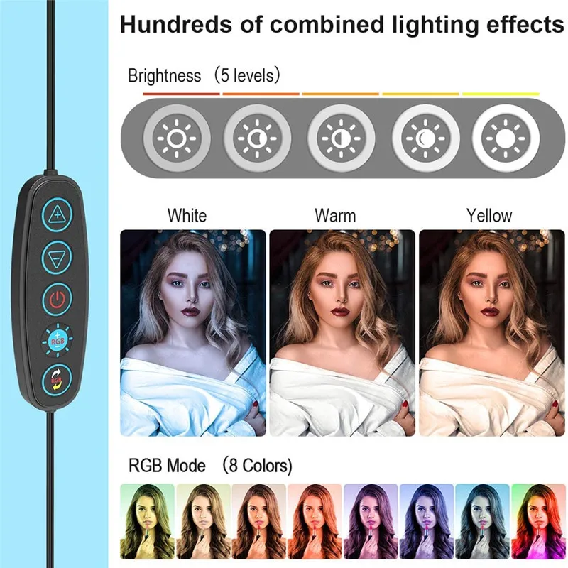 Двойной светодиодный кольцевой светильник 16 см для селфи RGB со штативом 1 6 м USB