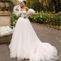 detachable short flare sleeves wedding dress 2022 tulle sweetheart appliques corset brides gowns robe de mari%c3%a9e