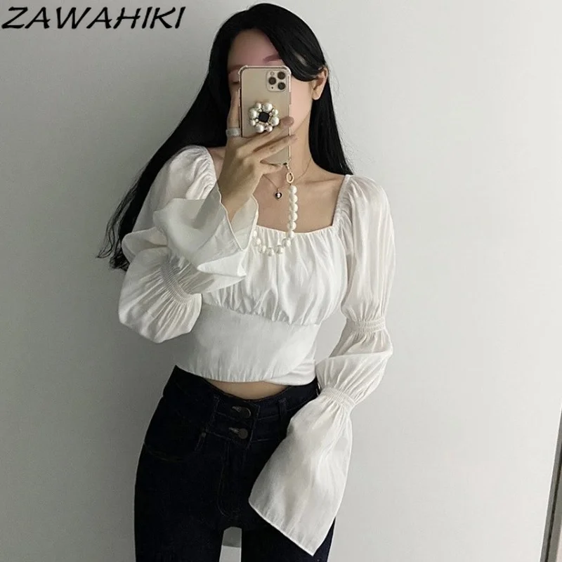 

ZAWAHIKI Fashion Blouses Korea Chic Autumn Folds Square Collar Slim Blusas Solid Lantern Long Sleeve Bow High Waist Short Tops
