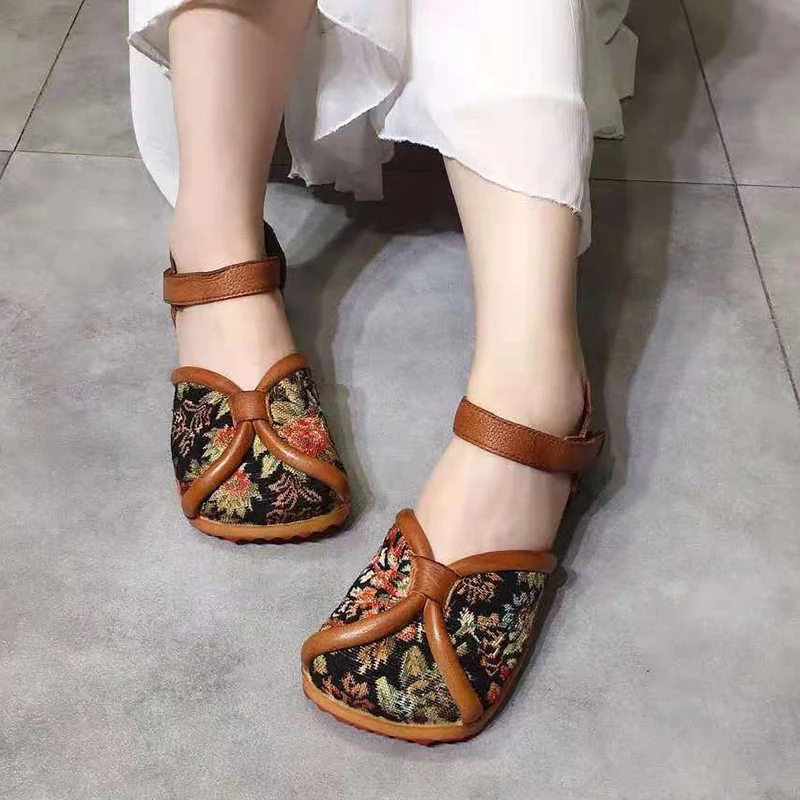 

Women Sandals Embroidery Leather Summer Shoes For Women Flat Heels Retro Genuine Leather Women Sandals Fabric Cotton Shoes 2021