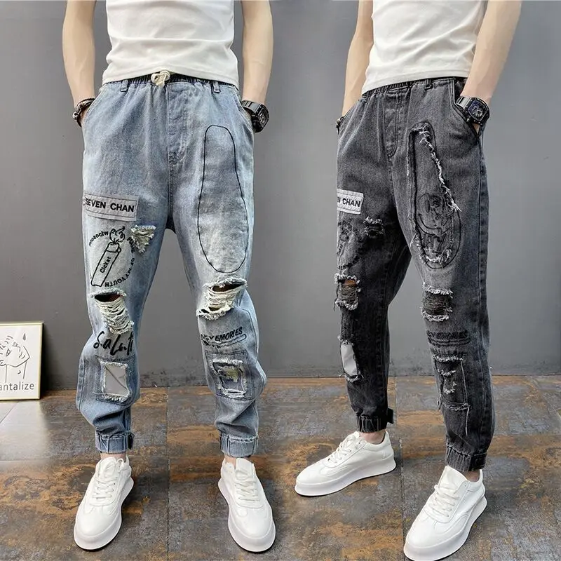 

Spring and autumn men's pants with holes Fashion Big size Drawstring Jeans