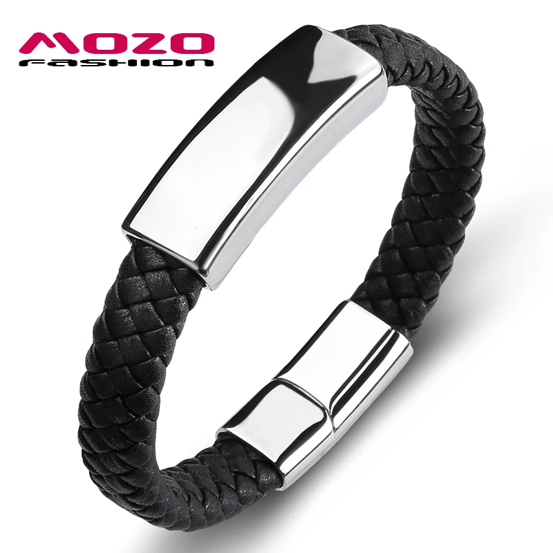 

Trendy Men Bracelet Black Leather Glossy Stainless Steel Simple Bangle Collocation Punk Cuffs Male Fashion Jewelry