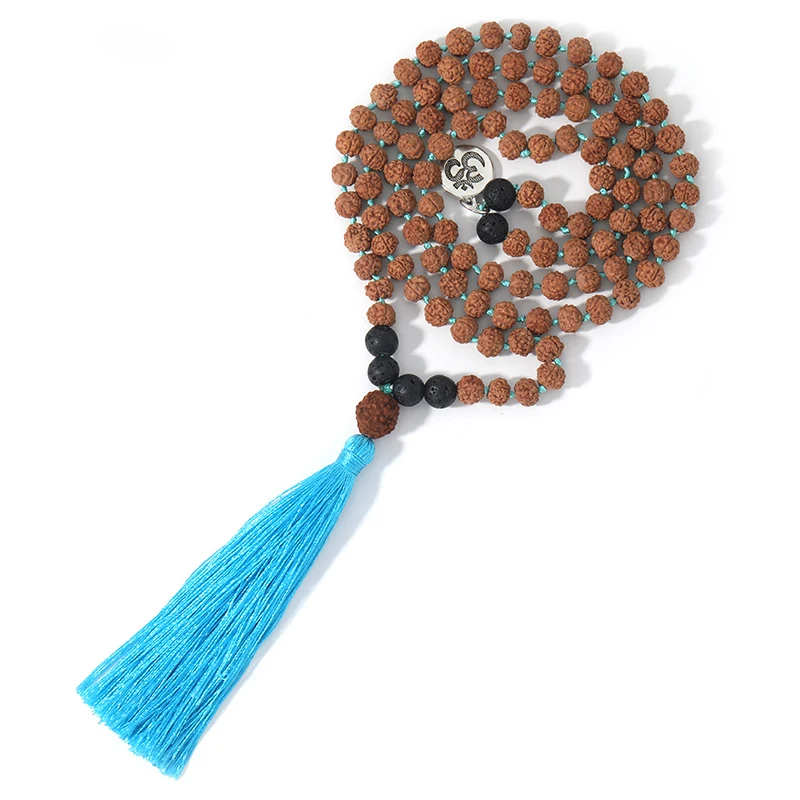 

8mm Lava Stone & Rudraksha108 Mala Beads Knotted Necklace Meditation Yoga Prayer Japamala Long Tassel Pendant Charm Jewelry