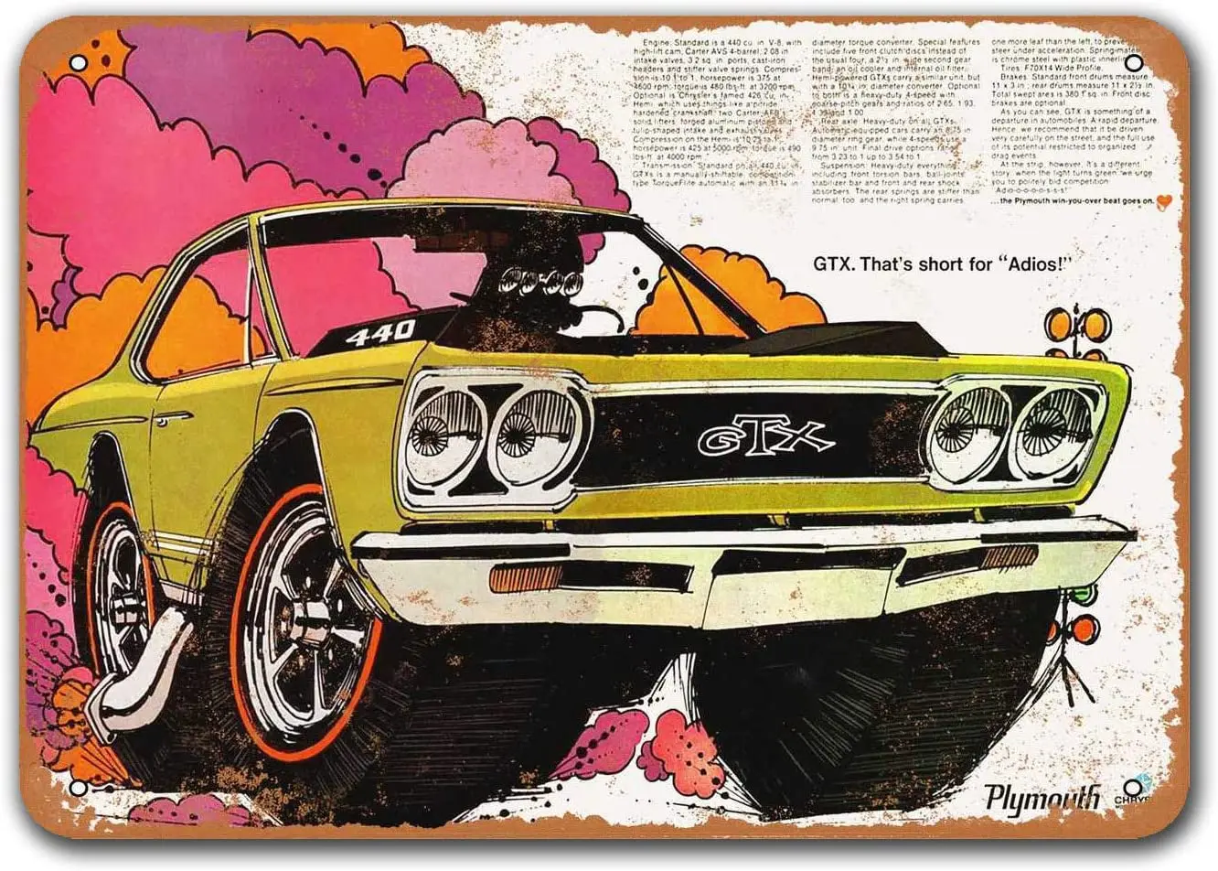 

1968 Plymouth GTX Vintage Tin Signs Cars, Sisoso Metal Plaques Poster Man Cave Pub Retro Wall Decor 16x12 inch