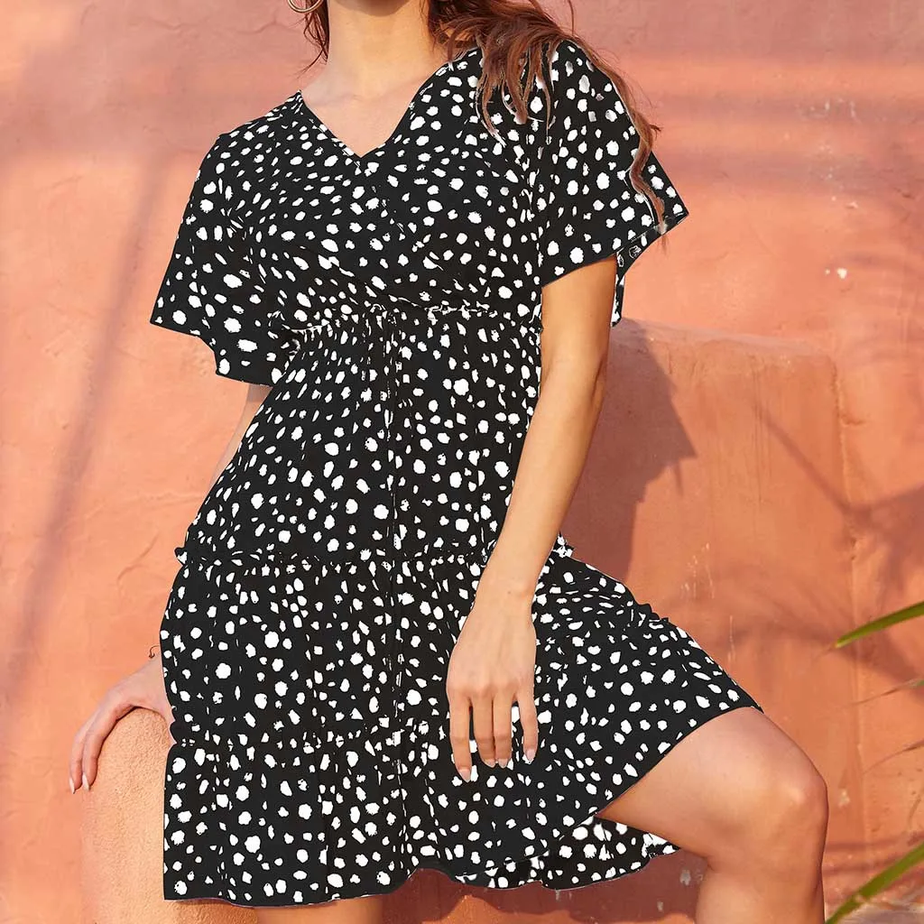 

Dresses for Women 2020 vestido de mujer Summer Dress Womens V-Collar Bow Short Sleeve Printing Bow Party Slim Mini Dress