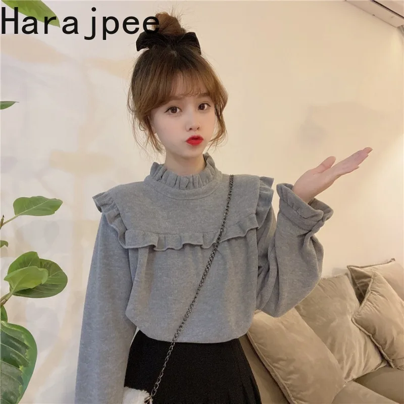 

Harajpee Pullovers Japanese Style Sweet All-match Bottoming Shirts Slim O-neck Solid Casual 202 Autumn Winter New Women Tops