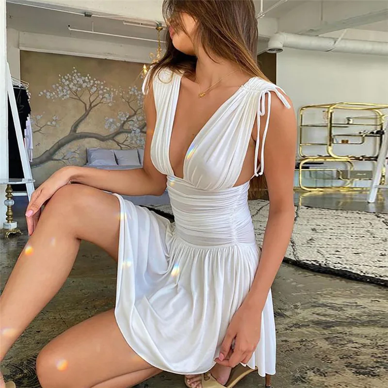 

Women Bodycon Mini Dress Sexy Sleeveless Ruched Drawstring Solid Color Tank Dress Pleated Mini Sundress Summer Clothes Clubwear