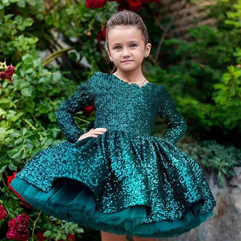 New Shiny Sequined Long Sleeve Birthday Party Dress for Girls Knee Length Infant Party Dress Girls Pageant Clothes kids clothes