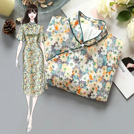 Китайское летнее шифоновое платье Ципао с принтом маргариток в винтажном стиле |