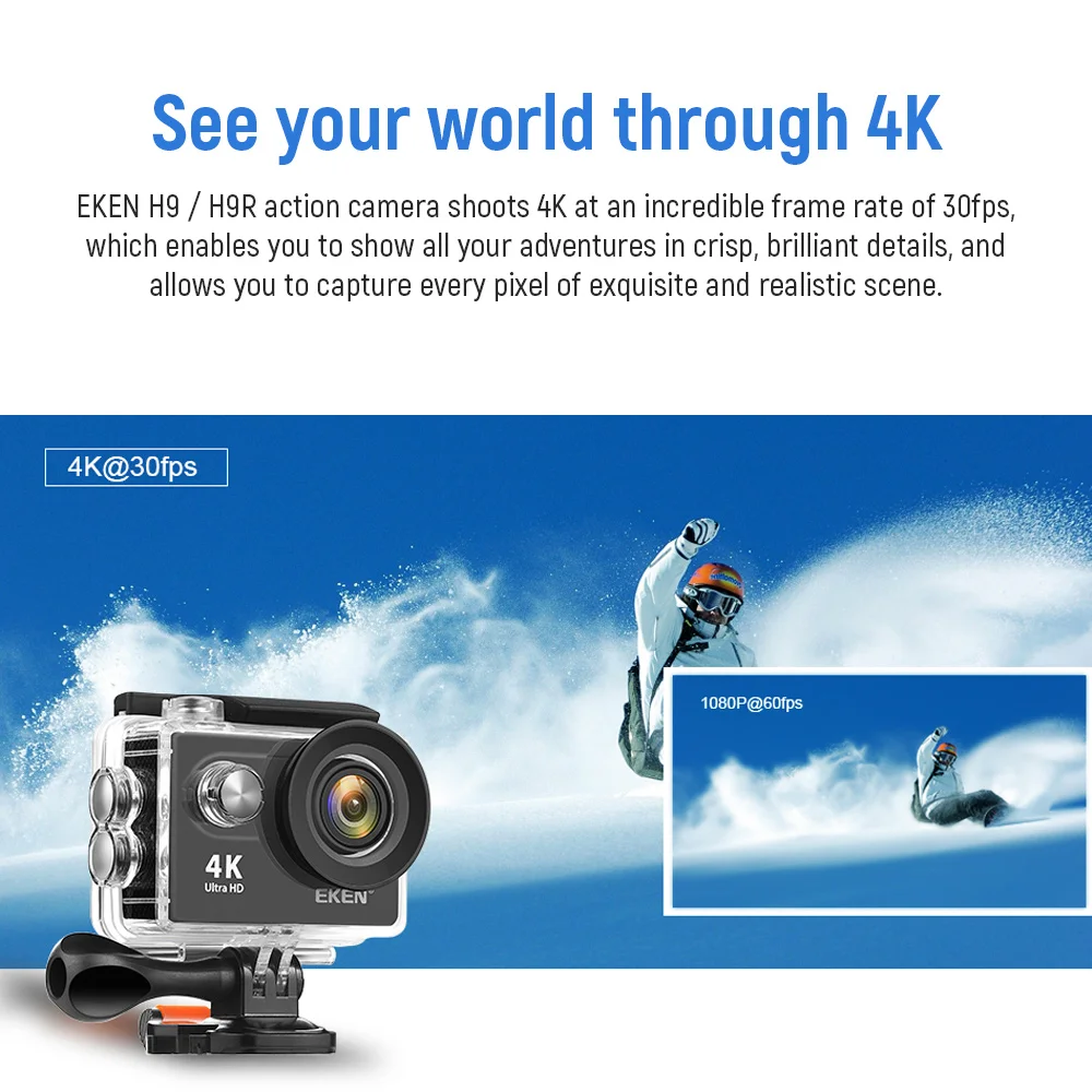 Экшн-камера EKEN H9R Ultra HD 4K 30fps Противоударная Цифровая Wi-Fi 170D водонепроницаемая