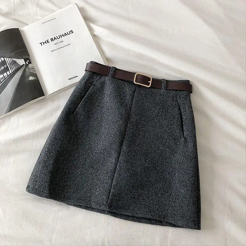 Dark grey Skirt Однотонные шерстяные юбки женские Saia мини-юбки женские Faldas теплые зимние короткие женские юбки с ремнем Jupe Femme Q2149 - Цвет: Dark grey Skirt