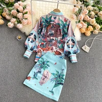 wenfly women printing two piece sets turn down collar single breasted lantern sleeve shirt high waist a line mini skirt vintage
