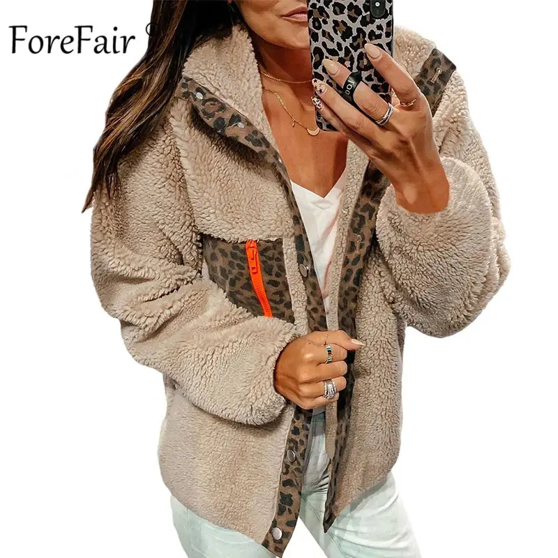Forefair Леопардовый принт Тедди зимнее пальто для женщин Новая мода плюс размер куртка Женская Лоскутная животная повседневная куртка из искусственного меха
