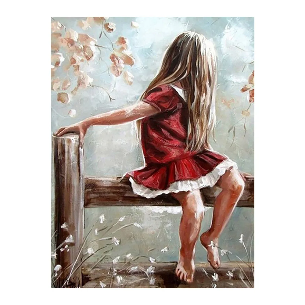 Забор красная юбка маленькая девочка Алмазная картина круглая полная дрель Nouveaute