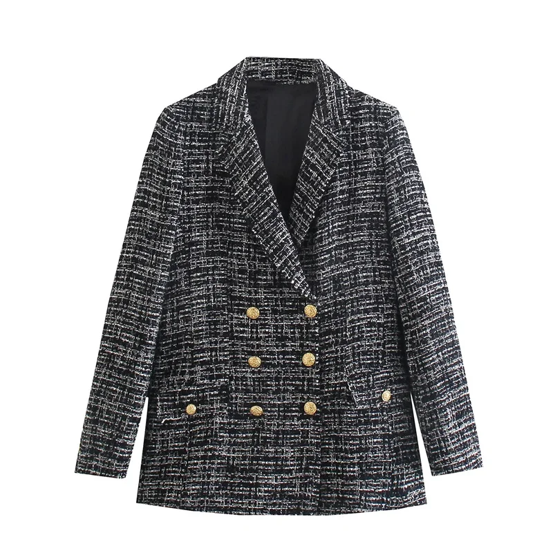 

Женский твидовый двубортный Блейзер TRAF, винтажный пиджак с длинными рукавами и карманами с клапаном, уличная одежда, 2021