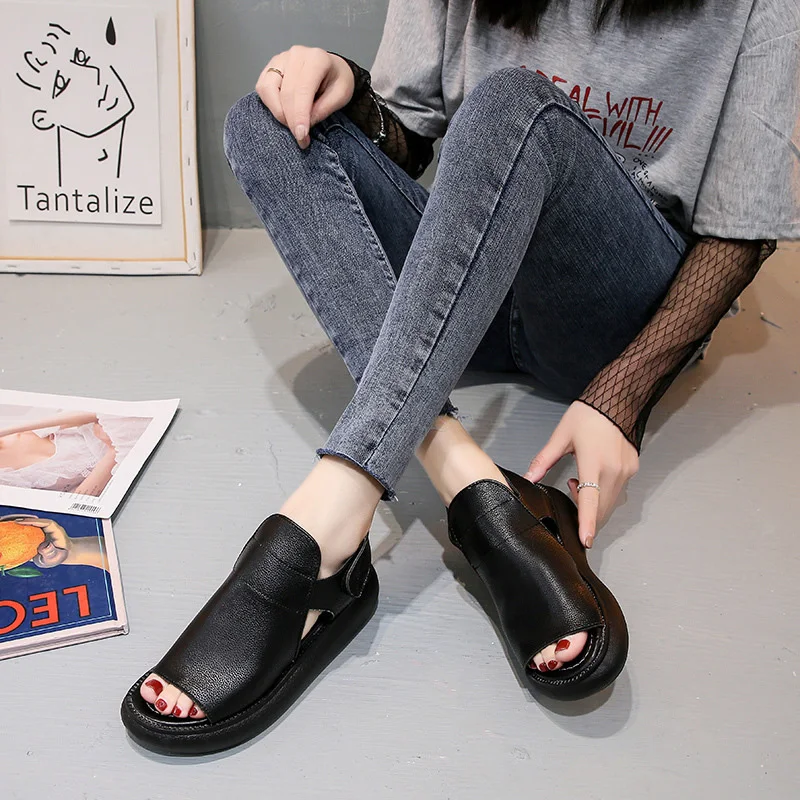 Женские босоножки Peep Toe крючки Loop танкетки на плоской подошве платформе из