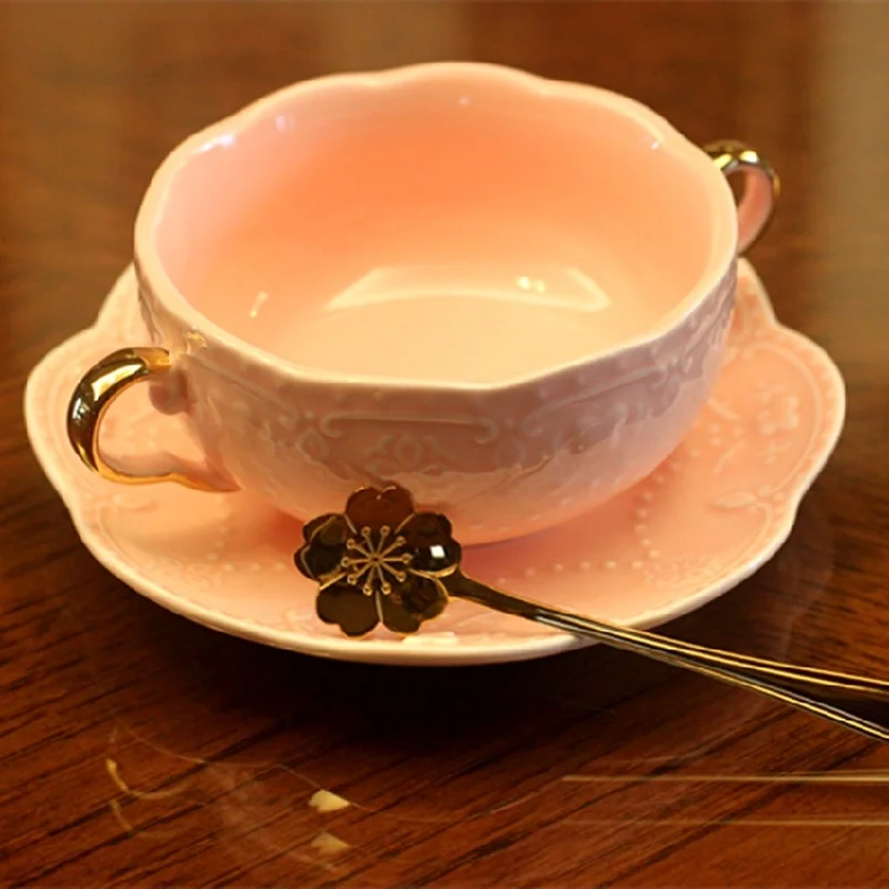 

GY Princess Pink Golden Edge Double-Ear Bowl European-Style Embossed Ceramic Milk Soup Bowl Tureen Dessert Bowl