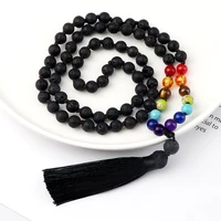 vintage black lava stone beaded necklace for men 7 chakra natural stone knotted long necklace fashion women 108mala jewelry gift