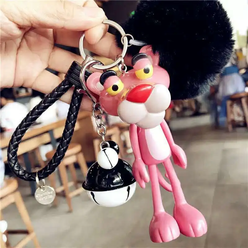 

Vibrato Cute Pink Panther Key Ring Fashion Bag Pendant Keychains Creative Bell Hairball Car Keychain Accessories