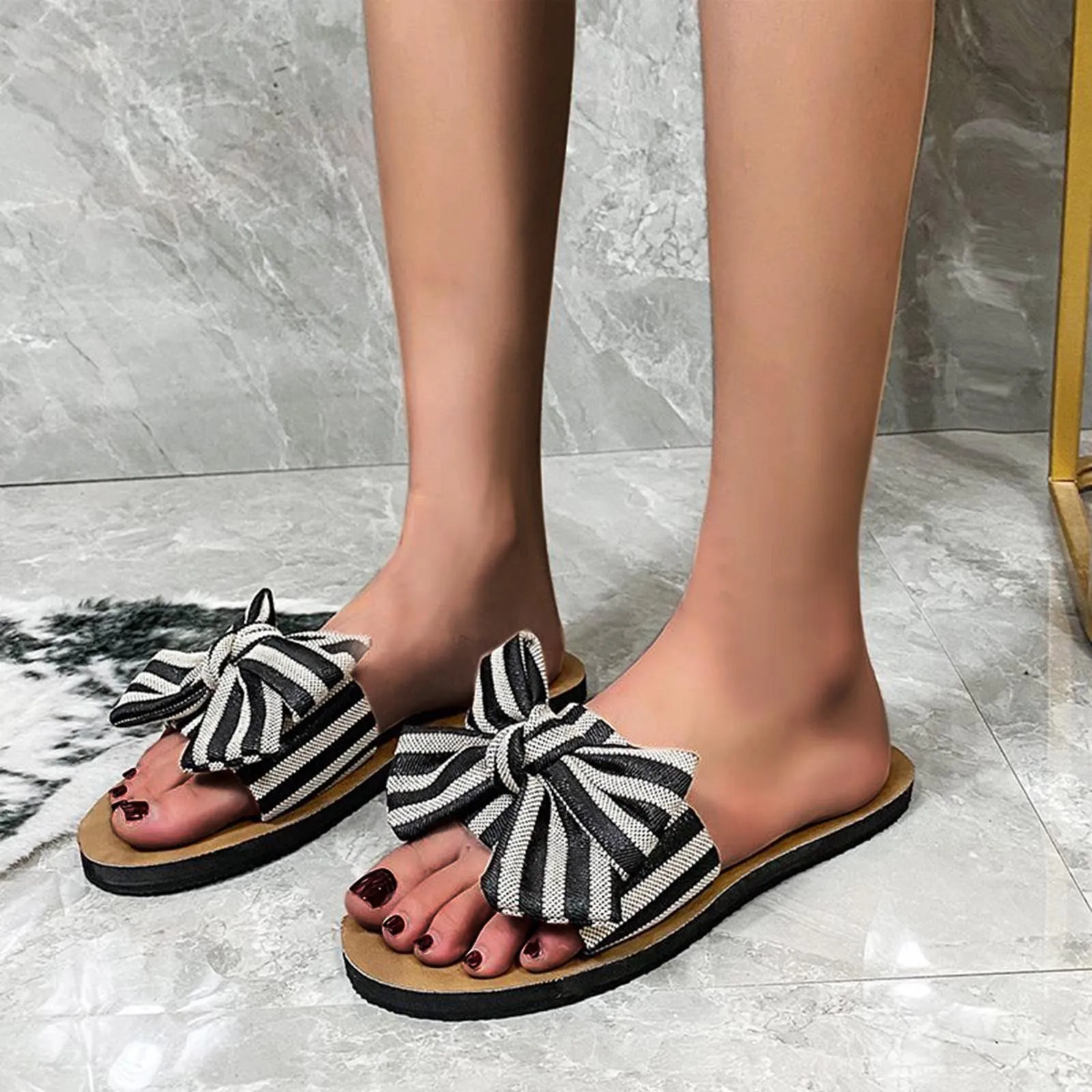 

Women's Slipper Fashion Casual Cloth Stripe Bowknot Large Size Flat Beach Slippers Casual Shoes Summer Women Sapatos Femininos