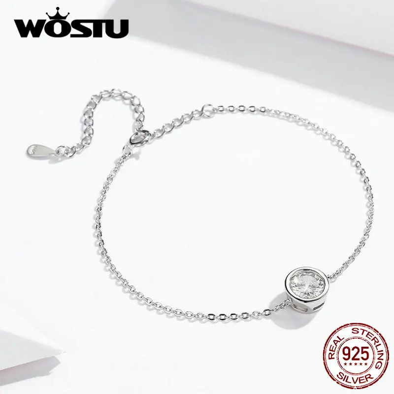 WOSTU Настоящее 925 пробы серебряные оригинальные браслеты Круглый Циркон звено цепи для женщин свадебный браслет уникальные ювелирные изделия CQB157