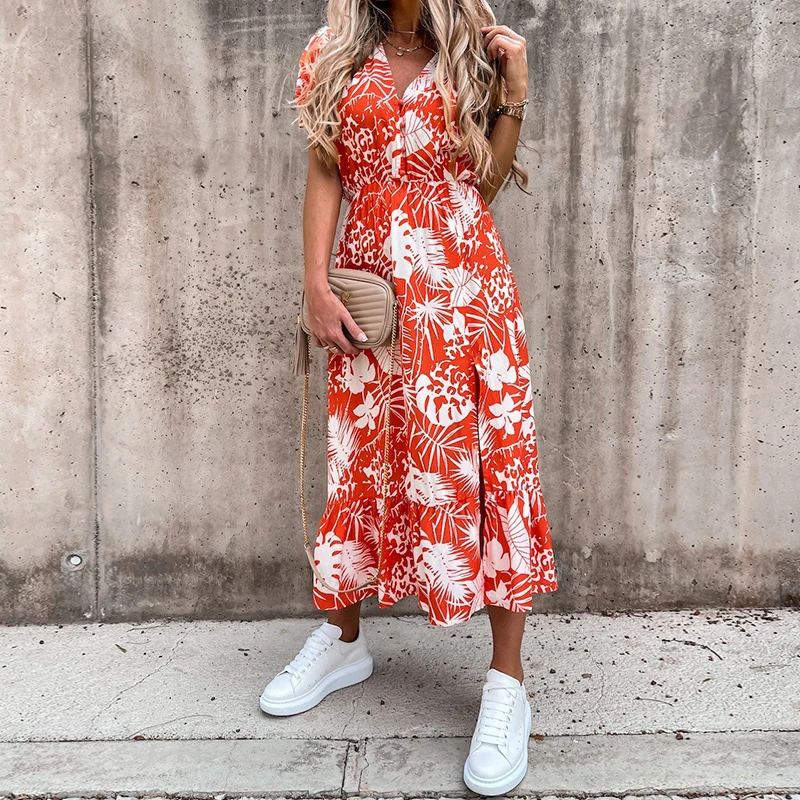 

2021 Summer New Long Floral Print Dress Women V Neck Casual Slit Dress Short Puff Sleeve Boho Beach Sundress Maxi Party Vestidos