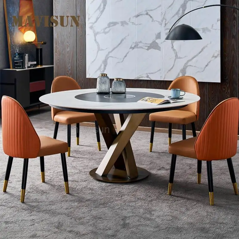 Imported Circle Rock Slab Dining Table With Embedded Turntable High-End Kitchen Table And Four Chairs Particle Home Furniture