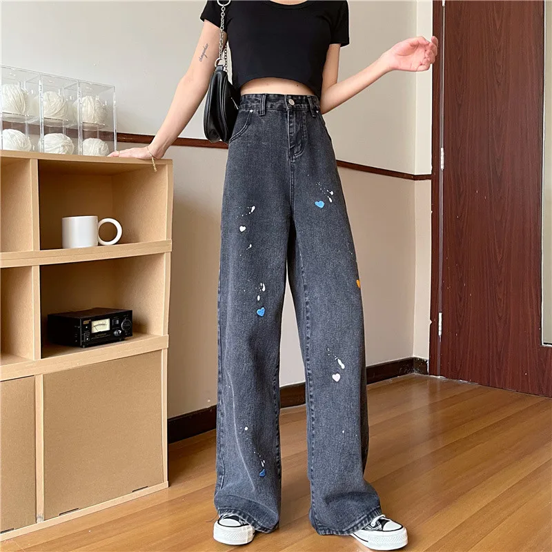 

2021 Spring Straight Jeans Women Wide Leg Pants Loose Vintage Paint Fashion Black Denim Trousers Oversize Harajuku Streetwears