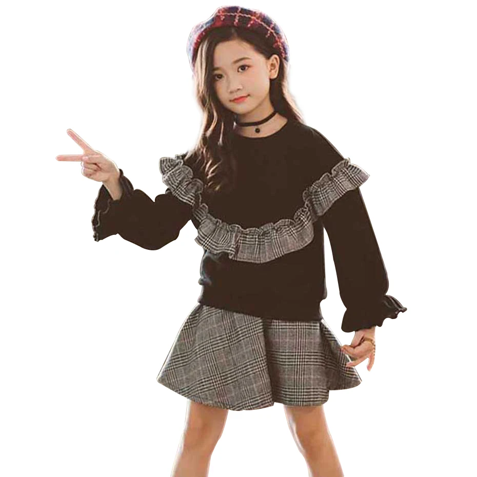 Детская одежда для девочек Толстовка + юбка 2 шт. Лоскутная клетчатая Одежда