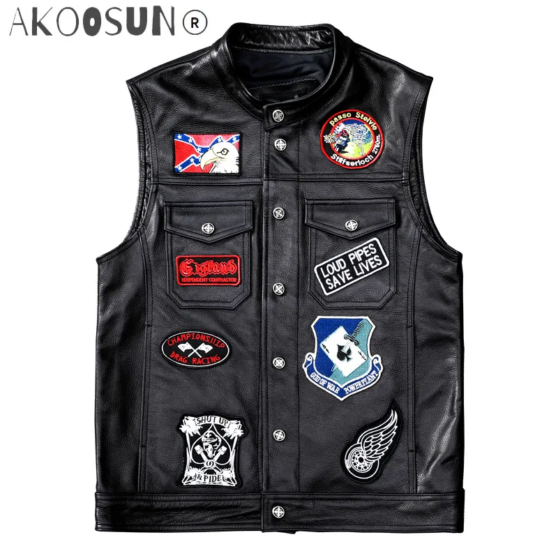 

2021 Men's Punk Genuine Leather Vest Multi Badges Cowhide Waistcoat Brand Sleeveless Jackets for Male