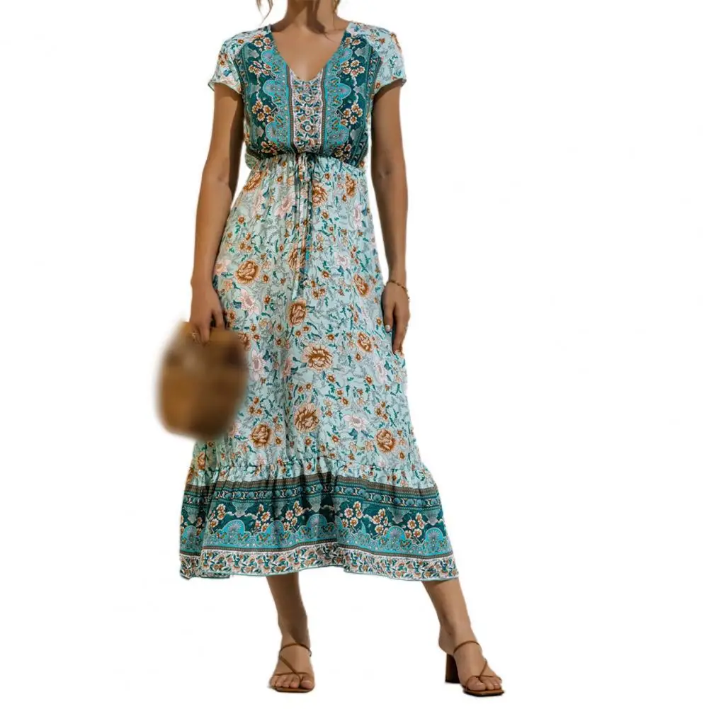 

Boho Dress Womens Retro Maxi Dress Summer 2021 Short-sleeved Button Flower Printed Dress Womens Long Beach Dress Ladies Vestido