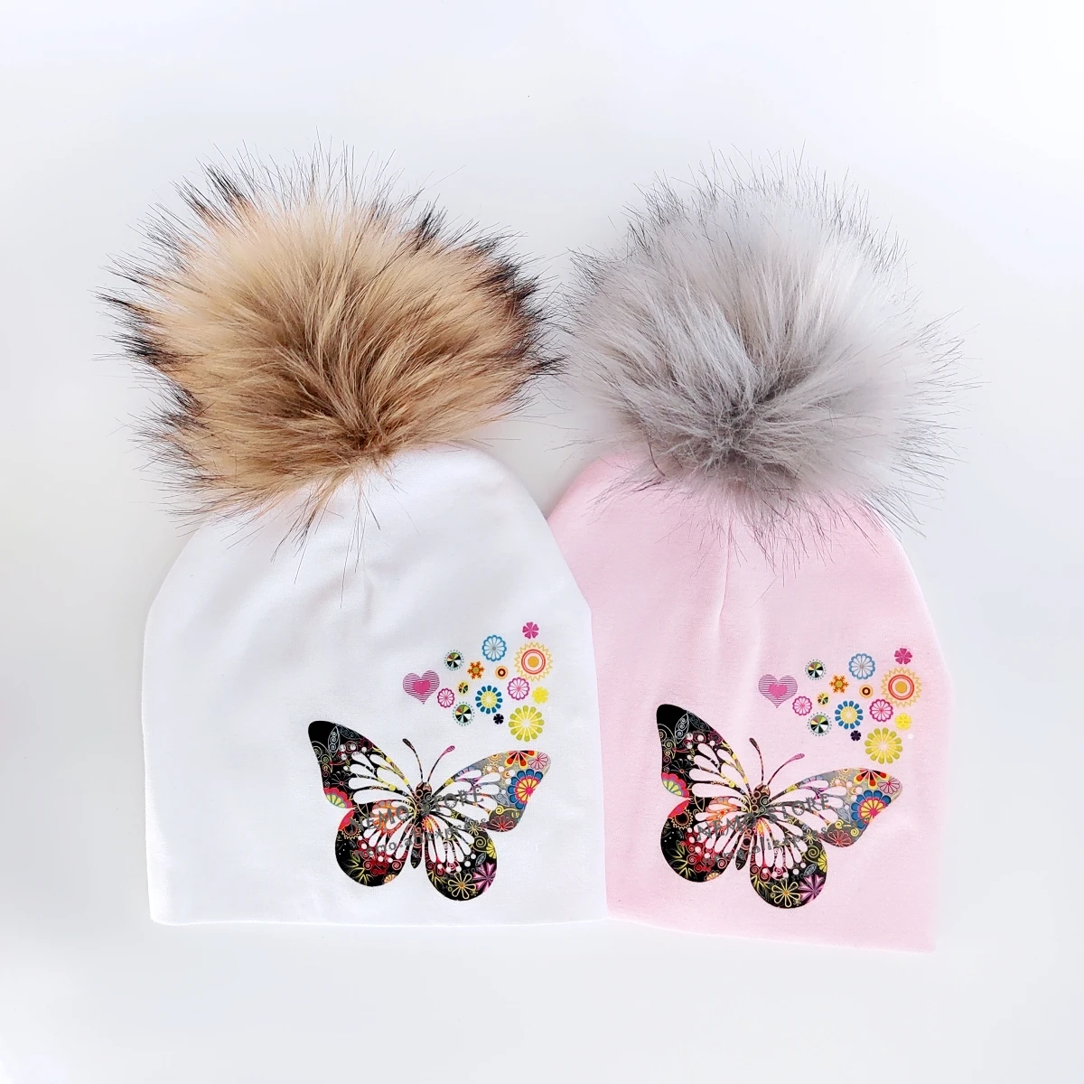 

fashion newborn cartoon butterfly sweat floral toddlers infant bonnet baby pompom hat for girls cap for baby kid childen beanie